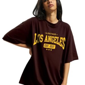 LEOTUDE Women's Oversized Cottonblend Half Sleeve Drop Shoulder Printed Tshirt (Color Brown)