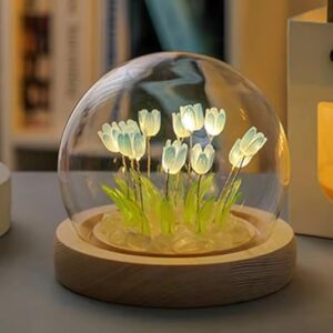 One94Store Tulip LED Night Light – Decorative Glass Table Lamp with 10 Artificial Flowers, Soft Glow for Bedroom, Living Room, Birthday & Gifts (8 cm, Blue-Color)