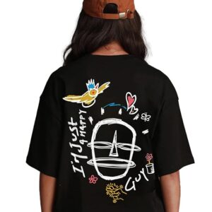 JUNEBERRY® Oversized Loose Baggy Fit Drop Shooulder Half Sleeves Pure Cotton Happy Guy Back Graphic Printed Black T-Shirt for Women & Girls (Sizes: S to 2XL)