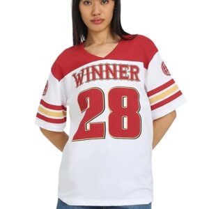 JUNEBERRY® Pure Cotton White & Red Oversized Baggy Fit V-Neck Jersey Front Printed Half Sleeve T-Shirt for Women