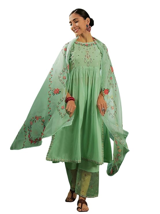 LYMI LABEL Kurta Set for Women - Women Embroidered Sequence Mal Cottan Sea Green Kurta with Plazzo and Dupatta