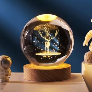 WICHARSH 3D Crystal Ball Night Lamp,Creative Engraved Crystal Ball Night Light, USB Table LED Wooden Crystal Ball for Home Office Decoration Birthday Gift Adults