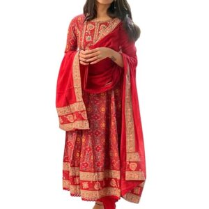 omTora Women's Cotton Anarkali Embroidery Designer Long Anarkali Kurti With Pant and Dupatta Set (Red)