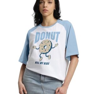 JUNEBERRY® 100% Pure Cotton Oversized Fit Drop Shoulder Graphic Printed Raglan Sleeves Boyfriend T-Shirt for Women (Sizes: S to 2XL)
