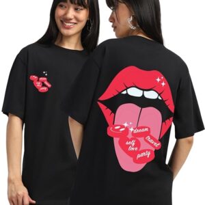 JUNEBERRY® Pure Cotton Round Neck Drop Shoulder Oversized Baggy Fit Cool Front & Back Mouth Graphic Print Black Half Sleeve T-Shirt for Women & Girls (Sizes: S to 2XL)