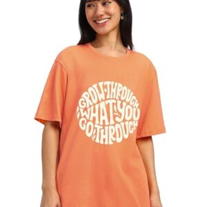 JUNEBERRY® Women's Casual Pure Cotton Orange Printed Round Neck, Longline Drop Shoulder Loose Oversized T-Shirt |Oversized TShirt for Women/Girl (GL_OS_GRWTHRGH_OR)