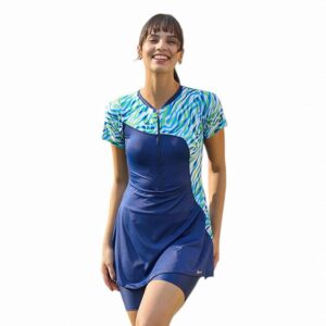 Rovars Spandex One Piece Swimming Costume for Women I Removable Pads I Half Sleeves I Half Length I Front Zipper