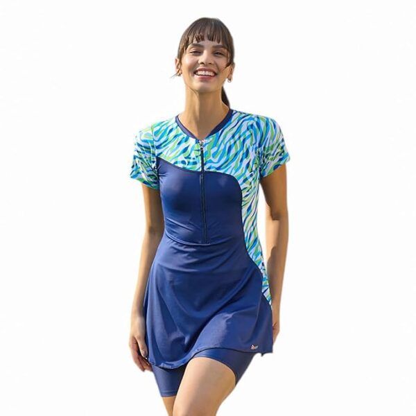 Rovars Spandex One Piece Swimming Costume for Women I Removable Pads I Half Sleeves I Half Length I Front Zipper