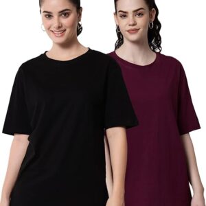 FUNDAY FASHION Women Cotton Half Sleeve Printed Oversized Relaxed Fit T-Shirts/Girls (Pack Of 2)