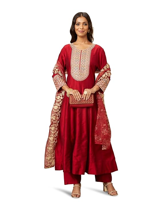 Amazon Brand - Myx Women's Embroidered Anarkali Kurta Pant Set with Organza Dupatta | Viscose,Rayon | A-line fit