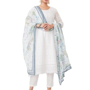Amazon Brand - Myx Women's Organza Relaxed Chikankari A-Line Kurta Pant Set with Dupatta