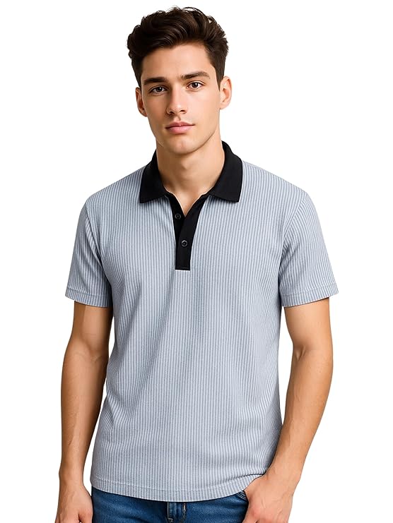 Jump Cuts || Mens || Half Zipper || Striped || Polo Neck || Half Sleeve || Polyester || T-Shirt