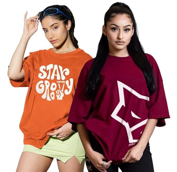 LEOTUDE Cottonblend Oversized Half Sleeve Colorful Printed Combo T-Shirts for Women (Pack of 2)