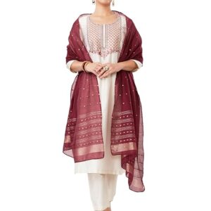 Amazon Brand - Myx Women's Embroidered Kurta Pant Set with Contrast Dupatta