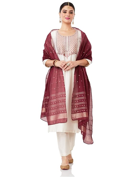 Amazon Brand - Myx Women's Embroidered Kurta Pant Set with Contrast Dupatta