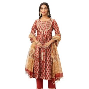 Amazon Brand - Myx Women's Silk Chanderi Handblock Printed Authentic Kurta Set with Dupatta (Anarkali | Bagru Print)