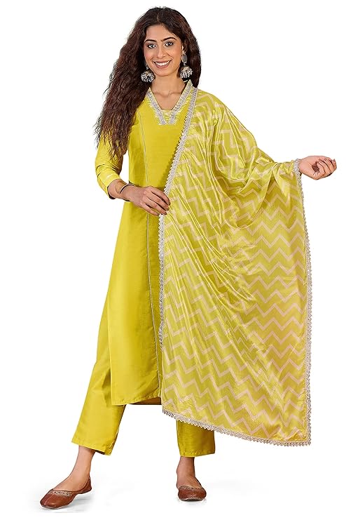 Jwalin Women's Chinon Silk Kurta Pant Set with Dupatta
