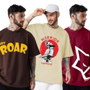 LEOTUDE Men's Cotton Regular Fit Half Sleeve Oversized Tshirt, Round Neck Longline Drop Shoulder | ful Printed Combo T-Shirt (Pack of 3)
