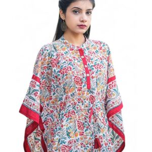 Navyas Fashion White Block Printed Cotton Kaftan | Beautiful Summer Kaftan Dress | Soft Cotton Women Tunic Dress | Handmade Sewing Pattern for Girls & Women