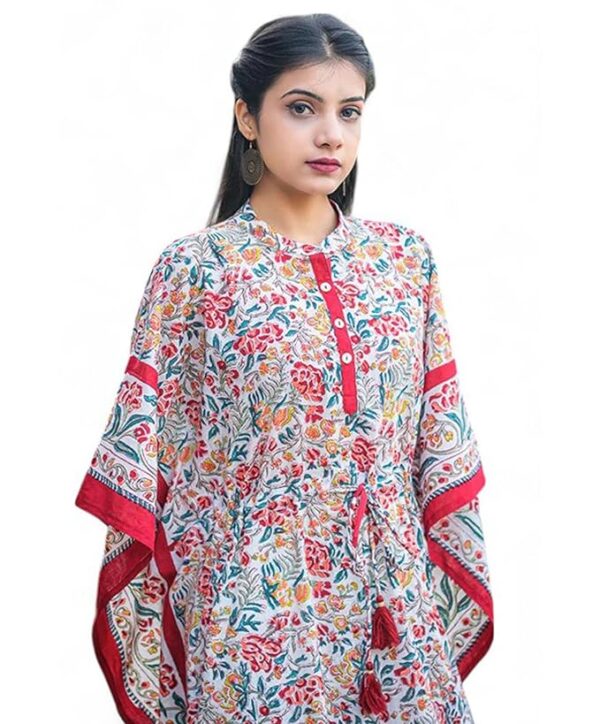 Navyas Fashion White Block Printed Cotton Kaftan | Beautiful Summer Kaftan Dress | Soft Cotton Women Tunic Dress | Handmade Sewing Pattern for Girls & Women